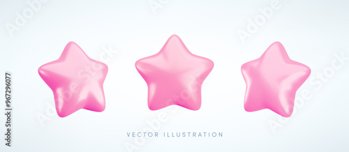 Vector 3d pastel pink star icons set. Cute realistic cartoon 3d render, glossy metallic star front and side projection, for customer rating concept, decor, web, game design, app, advert.