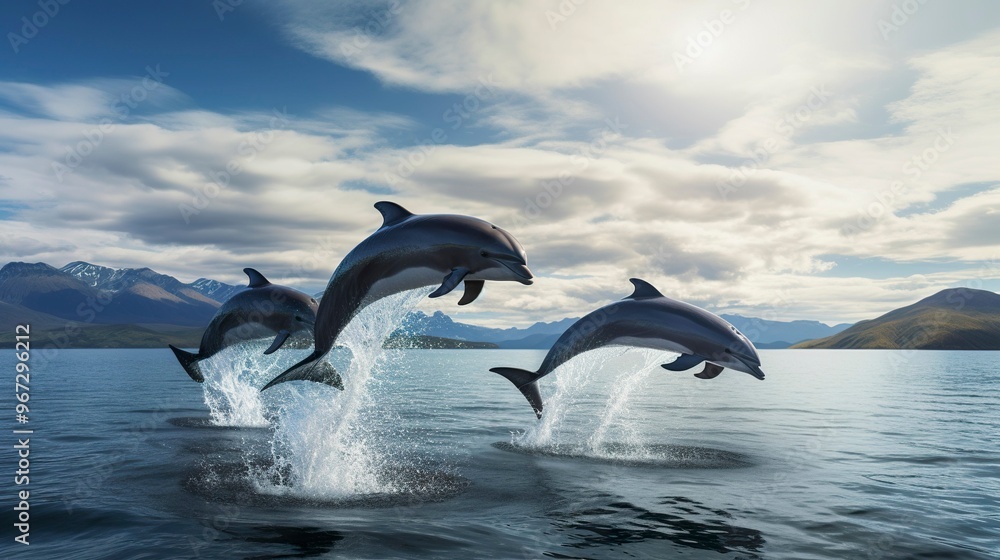 Obraz premium A photo of a group of dolphins jumping