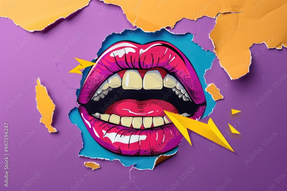Bold Pop Art of Open Mouth with Vibrant Lips through Torn Purple and Orange Paper - Modern Illustration for Posters and Prints Bold Pop Art of Open Mouth with Vibrant Lips through Torn Purple and Orange Paper - Modern Illustration for Posters and Prints