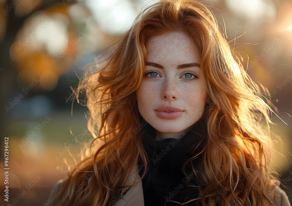 Beautiful Redhead Close-Up Portrait in Autumn Park at Sunset with Sun Rays. Beautiful Redhead Close-Up Portrait in Autumn Park at Sunset with Sun Rays.