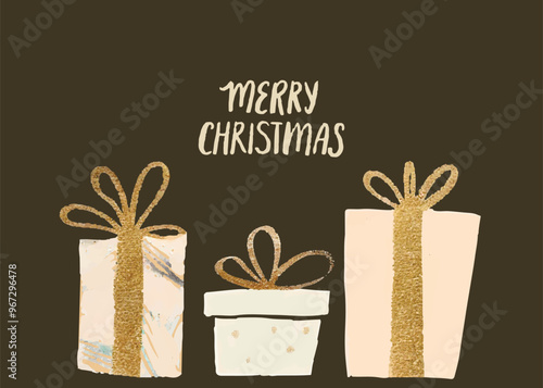 Christmas gift boxes, golden glitter and text merry christmas. Greeting card design, black background