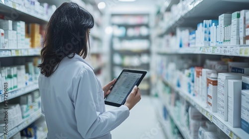 Pharmacist reviewing medication inventory on a tablet in a modern pharmacy aisle during daylight hours