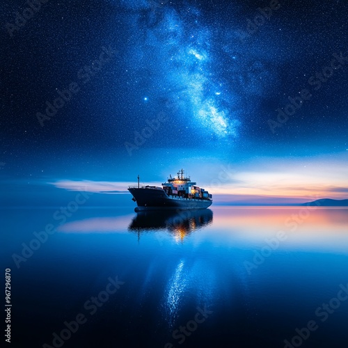 A serene ship moored under the Milky Way in a calm night sky photo