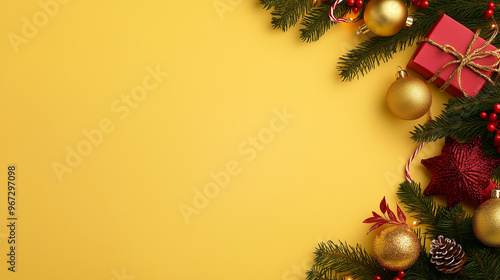 bright and festive border featuring gold and red ornaments, pine branches, and a wrapped gift arranged on a vibrant yellow background.