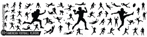 Football players. Male, female and kids American football player silhouette set.