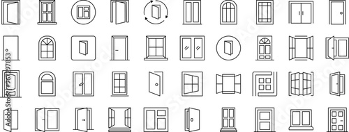 Minimalistic Linear Illustrations of Exterior. Contains Icons of Doors and Windows that Can Be Used for Design of Cards, Posts, Apps, Web Sites