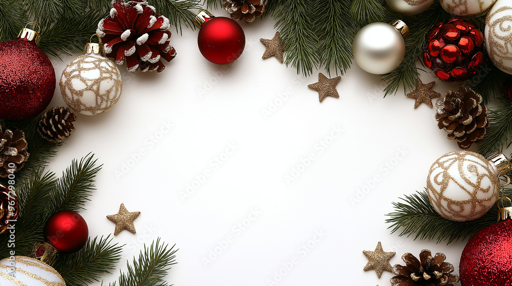 Christmas frame decorated with red and gold ornaments, pine branches, and golden stars on white background Christmas frame decorated with red and gold ornaments, pine branches, and golden stars on white background