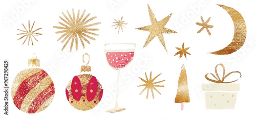 Golden glitter shiny christmas festive elements, gol sparks and stars, moon crescent, gift box, glass of champagne, christmas tree