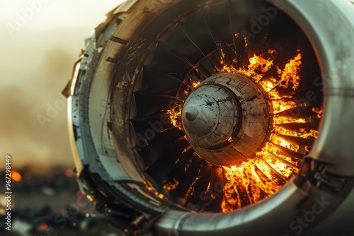 A close-up shot of an aircraft engine in flames, capturing a dramatic and intense moment with an emphasis on fiery destruction and mechanical vulnerability.