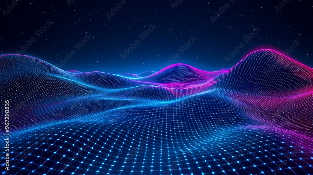 A stunning digital landscape featuring vibrant curves and glowing dots, creating a mesmerizing wave effect in neon colors. A stunning digital landscape featuring vibrant curves and glowing dots, creating a mesmerizing wave effect in neon colors.
