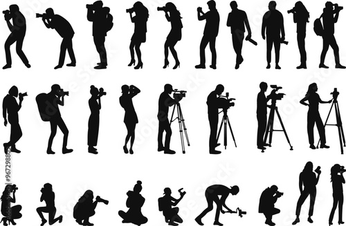 silhouette set of people taking pictures and shooting video on white background vector