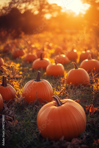 A field of pumpkins with the sun shining on them. Scene is warm and inviting