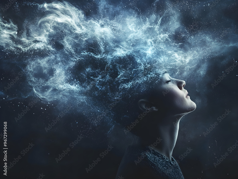 Surreal Woman in Profile Surrounded by Ethereal Cosmic Clouds of Blue and White Wisps, Dreamlike Atmosphere with Stars and Galaxies, Serene Expression Against Dark Background - Tranquility Surreal Woman in Profile Surrounded by Ethereal Cosmic Clouds of Blue and White Wisps, Dreamlike Atmosphere with Stars and Galaxies, Serene Expression Against Dark Background - Tranquility