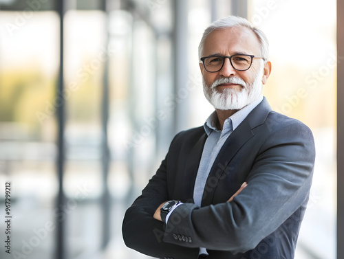 Confident Older Man with Gray Hair and Beard in Dark Professional Suit Standing with Arms Crossed in Modern Office Environment with Natural Light, Symbolizing Leadership, Authority, and Business