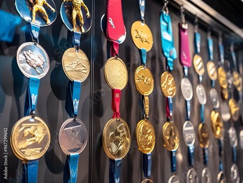 Stunning Display of Gold, Silver, and Bronze Medals on Dark Background: Intricate Designs and Symbols Highlighting Elegance and Achievement in Sports and Awards - Perfect for Celebrating Victories