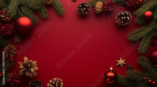 traditional Christmas border featuring red ornaments, gold accents, and pinecones, arranged against a deep red background for a classic holiday theme.