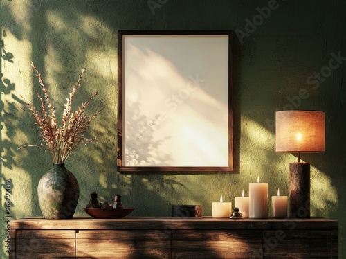 Photo frame mockup of green wall mounted on wood cabinet with beautiful plants.