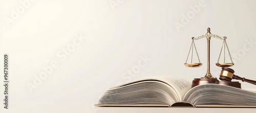 With a blurry light background and mock up place, the gavel, book, and scales are closely represented. A concept of law and jurisdiction is portrayed in 3D.