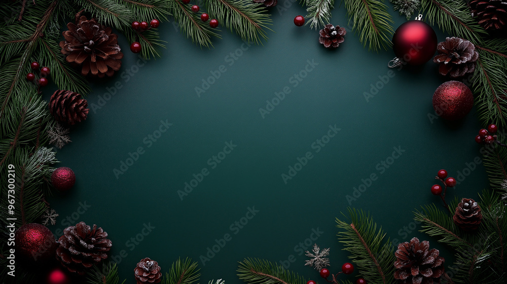 serene Christmas border featuring red ornaments, frosted pine branches, and pinecones arranged on a rich green background for a peaceful holiday theme. serene Christmas border featuring red ornaments, frosted pine branches, and pinecones arranged on a rich green background for a peaceful holiday theme.