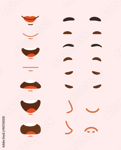 Woman face constructor. Various emotions and feelings. Pack of lips and brows for creation users avatars. Trendy users pictures for social networks. Flat vector collection