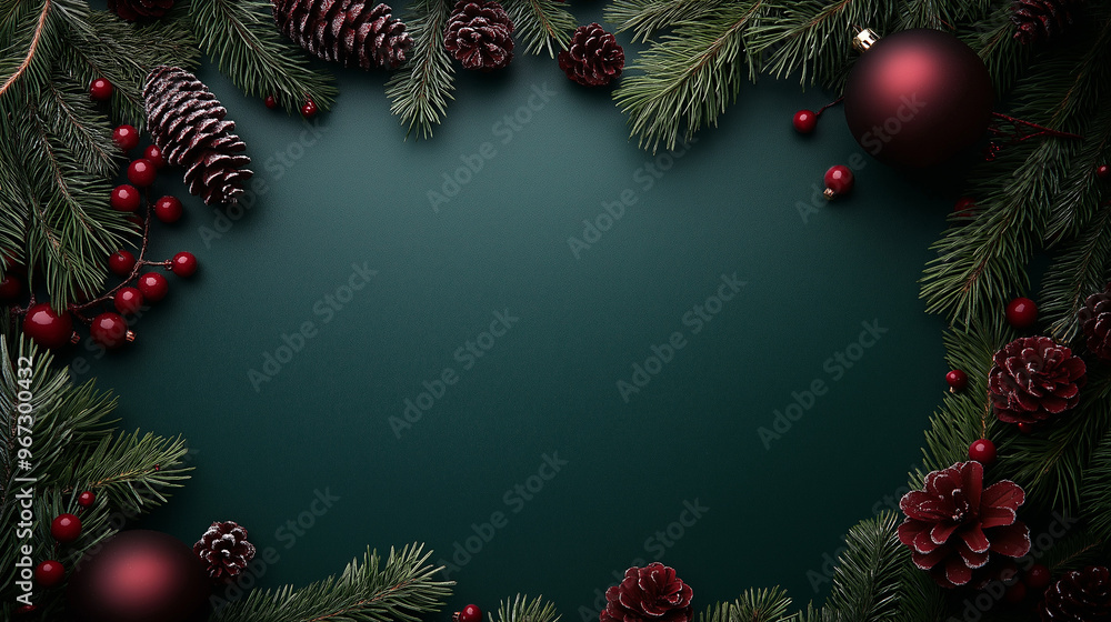 serene Christmas border featuring red ornaments, frosted pine branches, and pinecones arranged on a rich green background for a peaceful holiday theme. serene Christmas border featuring red ornaments, frosted pine branches, and pinecones arranged on a rich green background for a peaceful holiday theme.