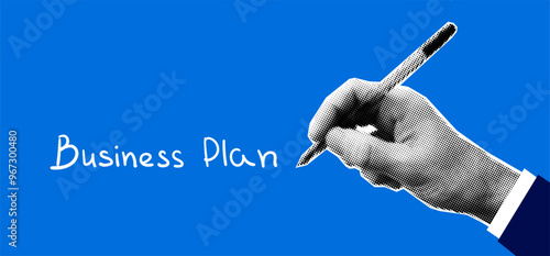 Halftone hand writing business plan ideas. Vector dotted retro collage for presentations