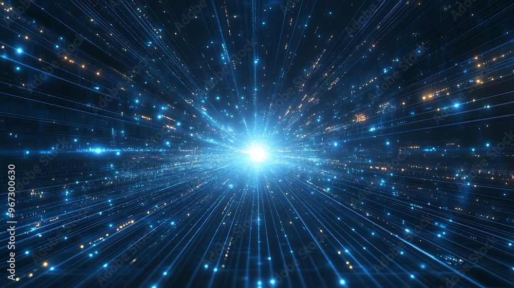 A stunning representation of cosmic energy with luminous particles radiating from a bright core in a vivid blue space. A stunning representation of cosmic energy with luminous particles radiating from a bright core in a vivid blue space.