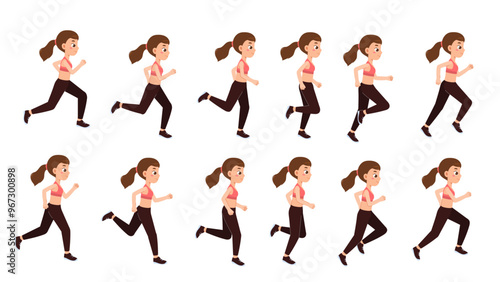 Woman running cycle set. Fitness girl in sportive uniform. Pack of characters for creating cartoons. Active lifestyle and sports, marathon. Flat vector collection