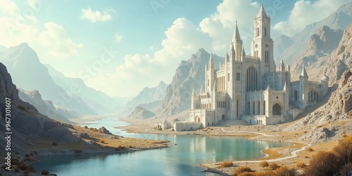 A majestic white castle nestled amidst towering mountains.