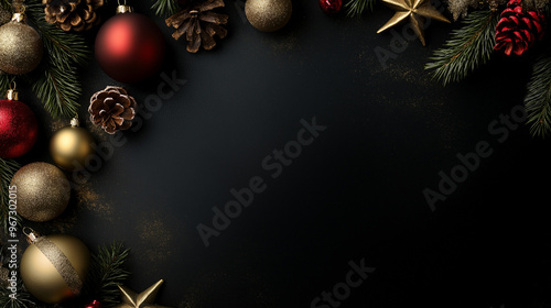  festive and elegant arrangement of red and gold ornaments, pine branches, and berries, set against a luxurious black background for a classic Christmas composition.