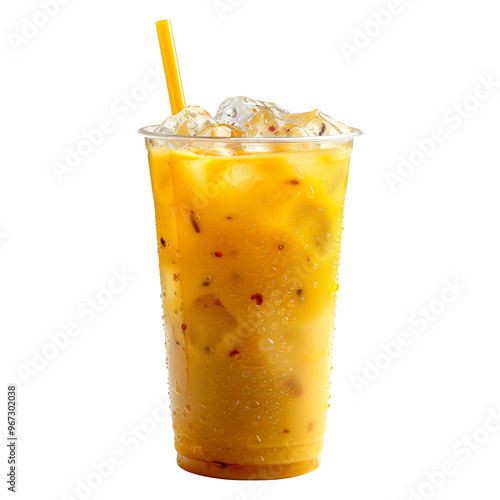 Refreshing milkshake or Thai iced tea in glass with straw isolated on white transparent background, perfect for sunny summer days photo