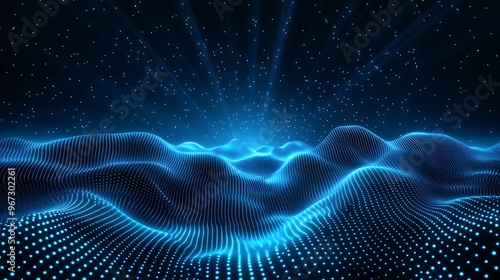 Wallpaper Mural A vibrant abstract landscape of glowing blue waves with digital particles, evoking a sense of depth and technology. Torontodigital.ca