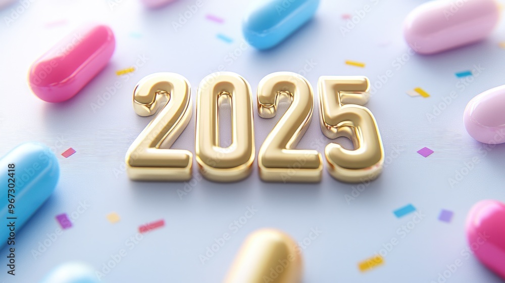 Celebrating the arrival of 2025 with vibrant confetti and a joyful golden number on a pastel background heralding a bright future Celebrating the arrival of 2025 with vibrant confetti and a joyful golden number on a pastel background heralding a bright future