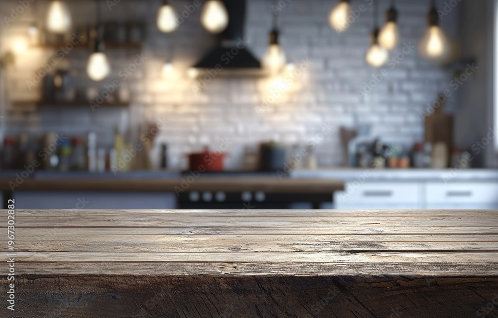 For product display, a wooden tabletop is empty and a blurred kitchen is shown For product display, a wooden tabletop is empty and a blurred kitchen is shown