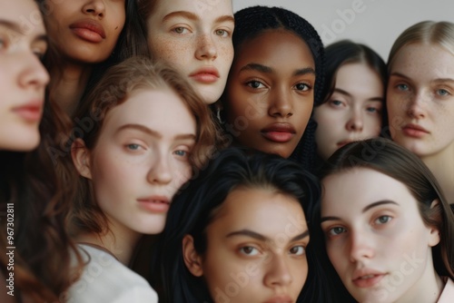 A large group of women with various skin tones and features stands under natural light, emphasizing their unity and individuality in a cohesive portrait.