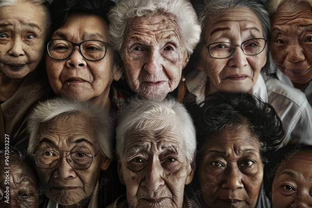 A collage of elderly faces, each with distinct expressions that show a range of emotions, representing the richness of life experience and diversity. A collage of elderly faces, each with distinct expressions that show a range of emotions, representing the richness of life experience and diversity.