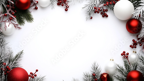 bright Christmas composition featuring frosted pine branches, red and white ornaments, and berries on a crisp white background, perfect for a festive holiday design.