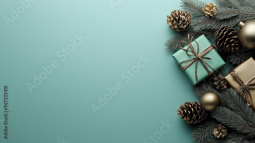 festive and elegant Christmas border featuring gold-wrapped gifts, pinecones, and golden ornaments arranged against a mint green background.