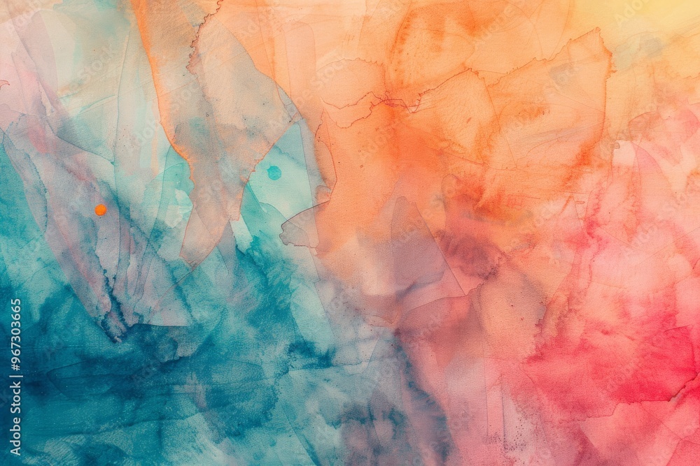 Fototapeta premium A colorful watercolor painting with soft transitions between blue, teal, orange, and pink, evoking peaceful and tranquil vibes.