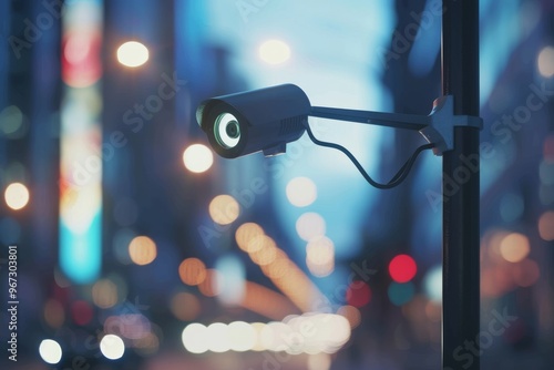 A security camera focuses intently on a busy city street at dusk, with blurred lights and traffic creating a sense of movement.