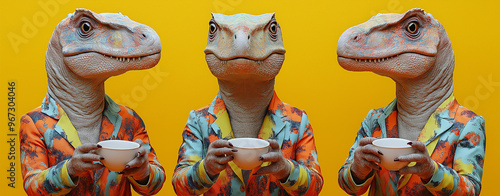 Three whimsical dinosaurs dressed in colorful suits enjoy a leisurely teatime. Set against a vibrant yellow background.