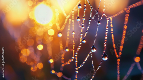 A spider web with dew drops on it. The image has a serene and peaceful mood