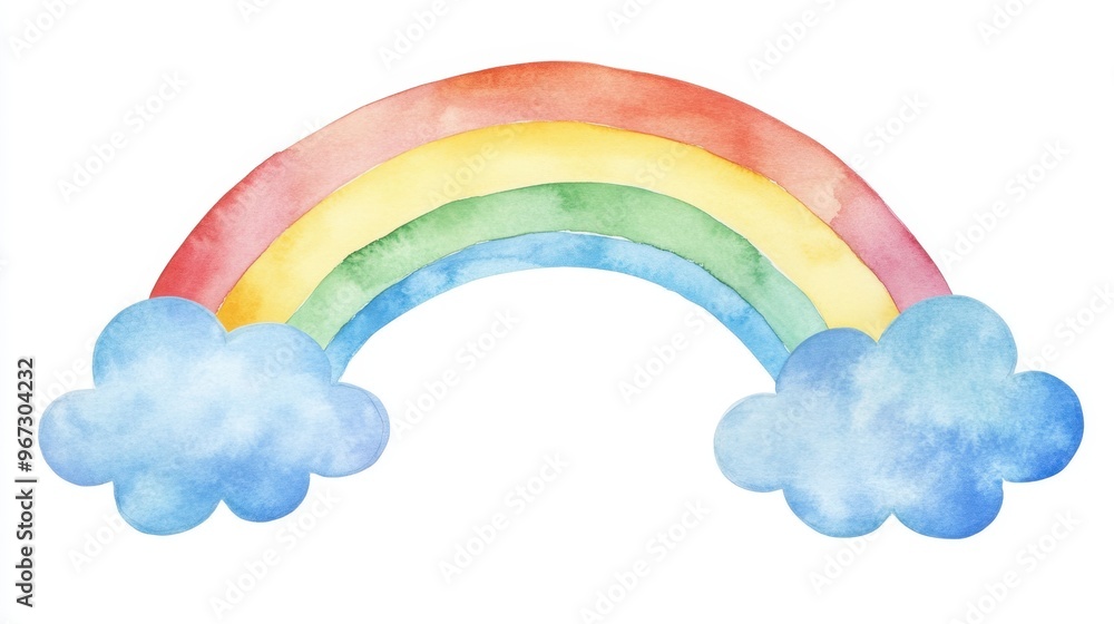 Watercolor illustration of Rainbow and fluffy clouds,rain season,hand drawn,children's watercolor illustration on a white background. Children's card,banner,raindrops drawn by hand. Watercolor illustration of Rainbow and fluffy clouds,rain season,hand drawn,children's watercolor illustration on a white background. Children's card,banner,raindrops drawn by hand.