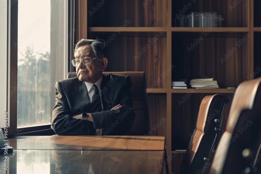 An elderly gentleman gazes out of a window, seated at a polished desk, emitting a vibe of wisdom and calm reflection in a modern office.