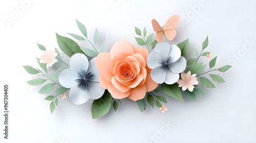 3d render, abstract cut paper flowers isolated on white, botanical background, festive floral arrangement. Rose, daisy, dahlia, butterfly and leaves in pastel color palette. Simple modern wall decor 