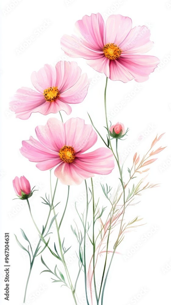 Watercolor Illustration set of Pink cosmos flowers on a white background,spring summer nature,Vibrant pink cosmos blooming,Children's card,banner,raindrops drawn by hand. Watercolor Illustration set of Pink cosmos flowers on a white background,spring summer nature,Vibrant pink cosmos blooming,Children's card,banner,raindrops drawn by hand.