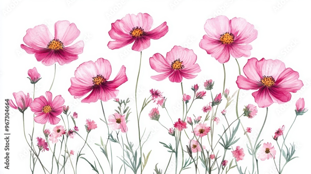 custom made wallpaper toronto digitalWatercolor Illustration set of Pink cosmos flowers on a white background,spring summer nature,Vibrant pink cosmos blooming,Children's card,banner,raindrops drawn by hand.