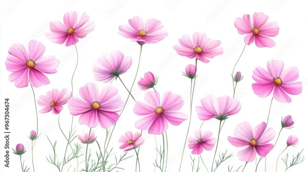 Watercolor Illustration set of Pink cosmos flowers on a white background,spring summer nature,Vibrant pink cosmos blooming,Children's card,banner,raindrops drawn by hand.