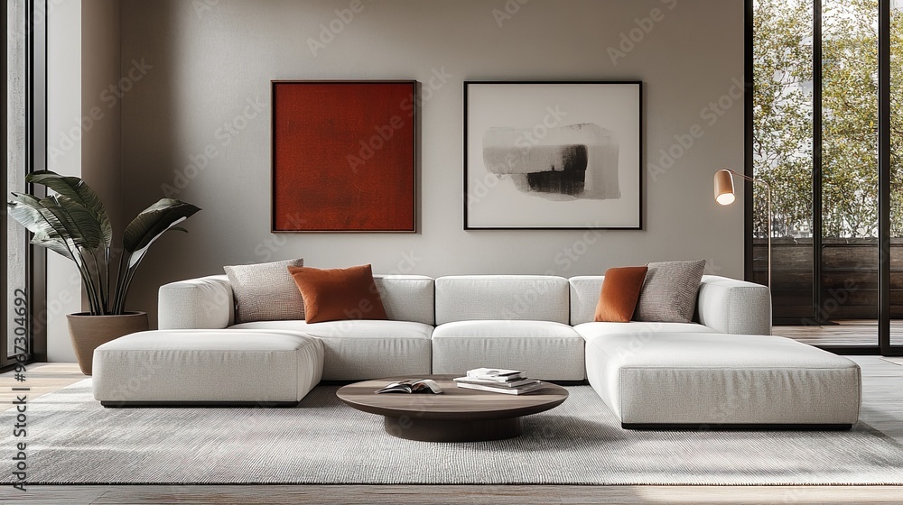 Fototapeta premium Minimalist living room design with sleek furniture and calming neutral hues for a modern stylish feel.