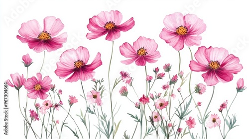 Watercolor Illustration set of Pink cosmos flowers on a white background,spring summer nature,Vibrant pink cosmos blooming,Children's card,banner,raindrops drawn by hand.